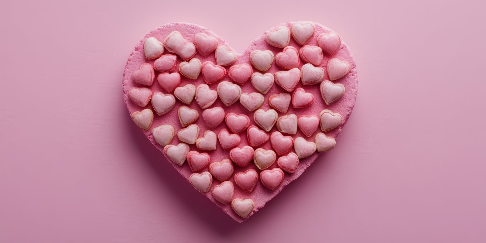 Heart-shaped dessert decorated with pastel-colored candies on a pink background